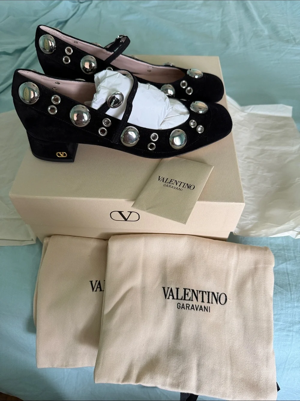 Valentino Black Suede Stud-Embellished Mary Jane Flats